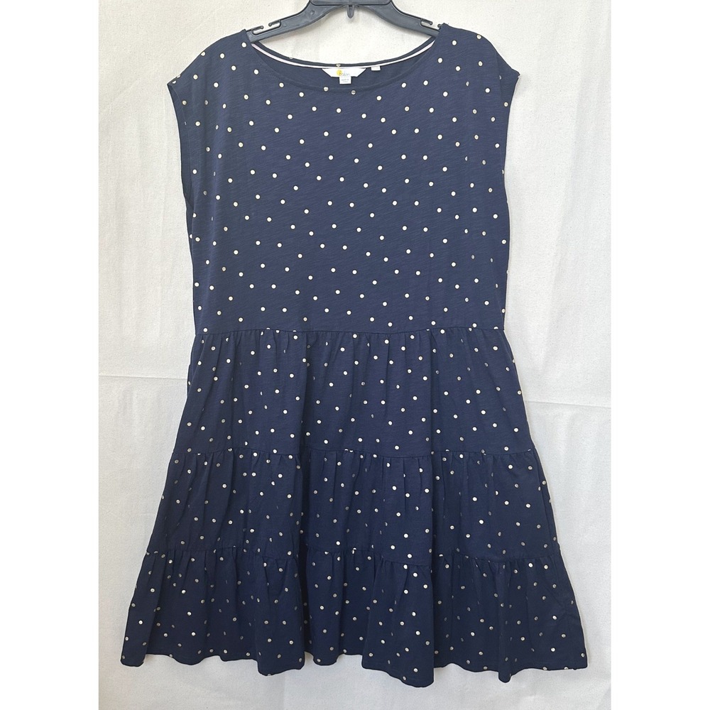 Boden Romaine Retro Coastal Navy Gold Foil Polka Dot Tiered Jersey Dress US 14R